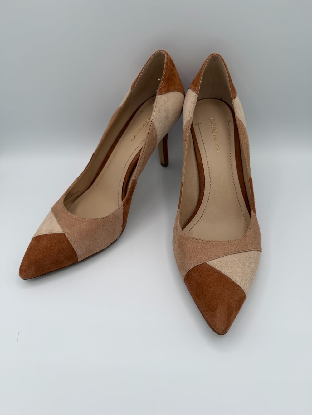 BCBGeneration Two-Tone Tan & Beige Suede Pointed Toe Pumps